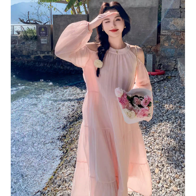 オープンショルダーティアードワンピース(5colors)（ピンク・白・青