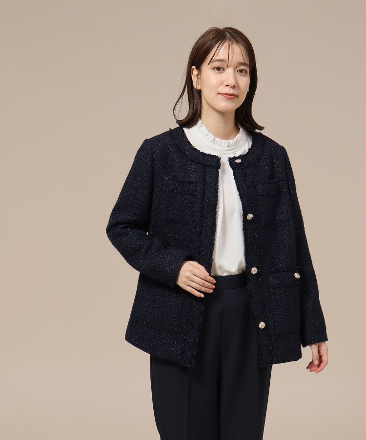 ◇ノーカラー 金釦ツイード ミドルジャケット（ノーカラージャケット