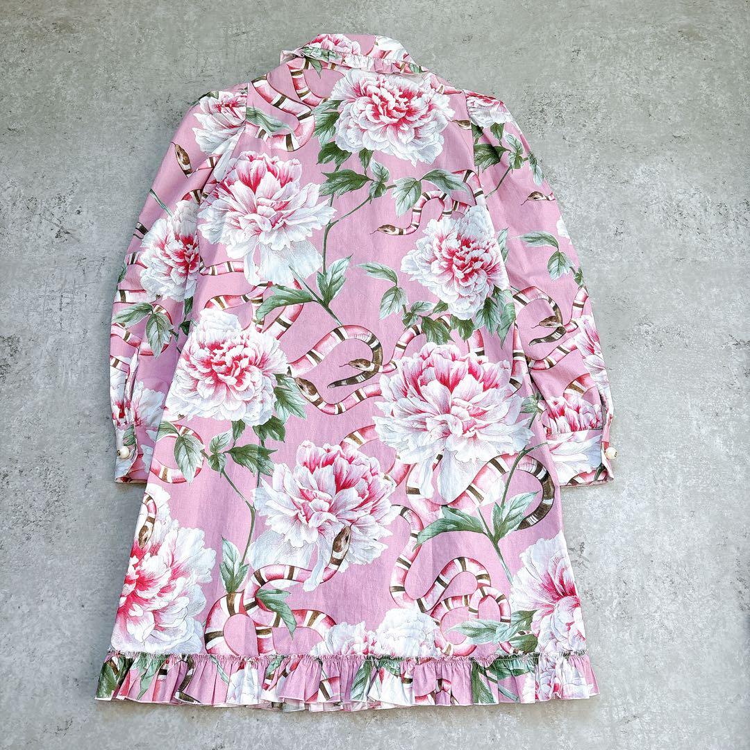 美品✨GUCCI 花柄×スネーク フリル リボンシャツワンピース ミニ ブラウス