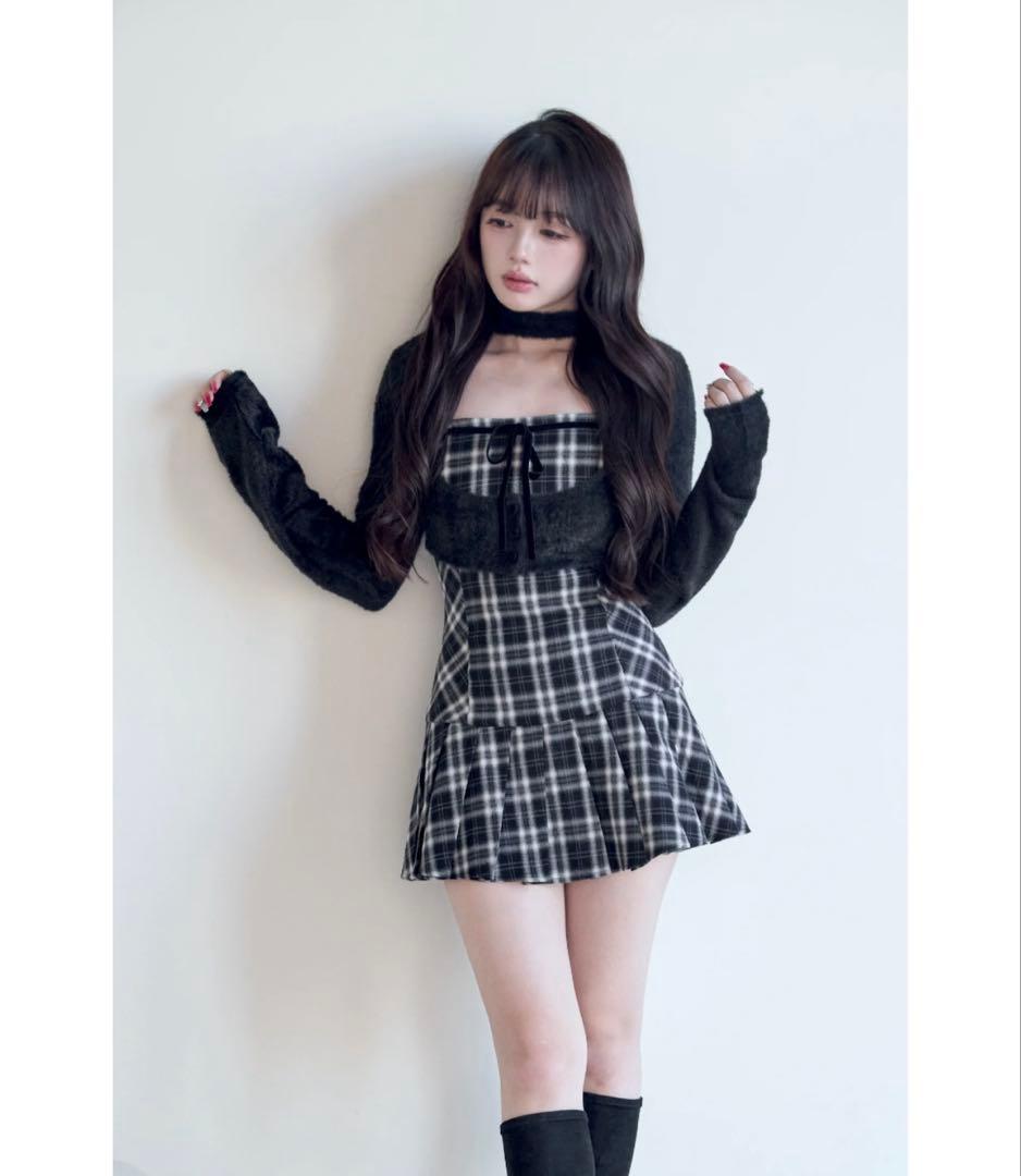 みなBunnyLis ファーボレロ×チェックミニワンピ ブラック Sサイズ BunnyLis:リボンオフショルダーニットトップス – NoGenki