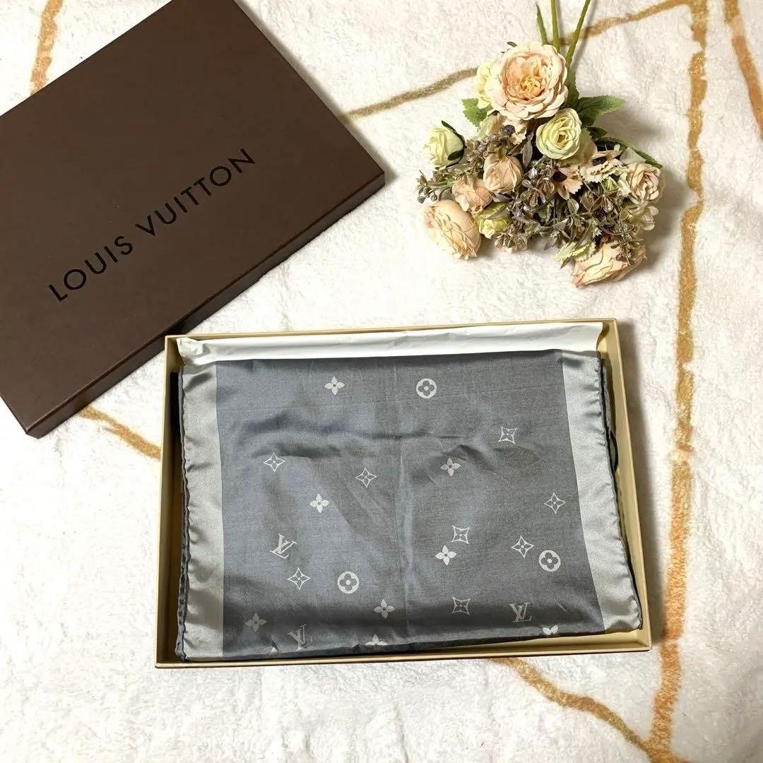 LOUIS VUITTON ルイヴィトン グレー シルク ストール モノグラム