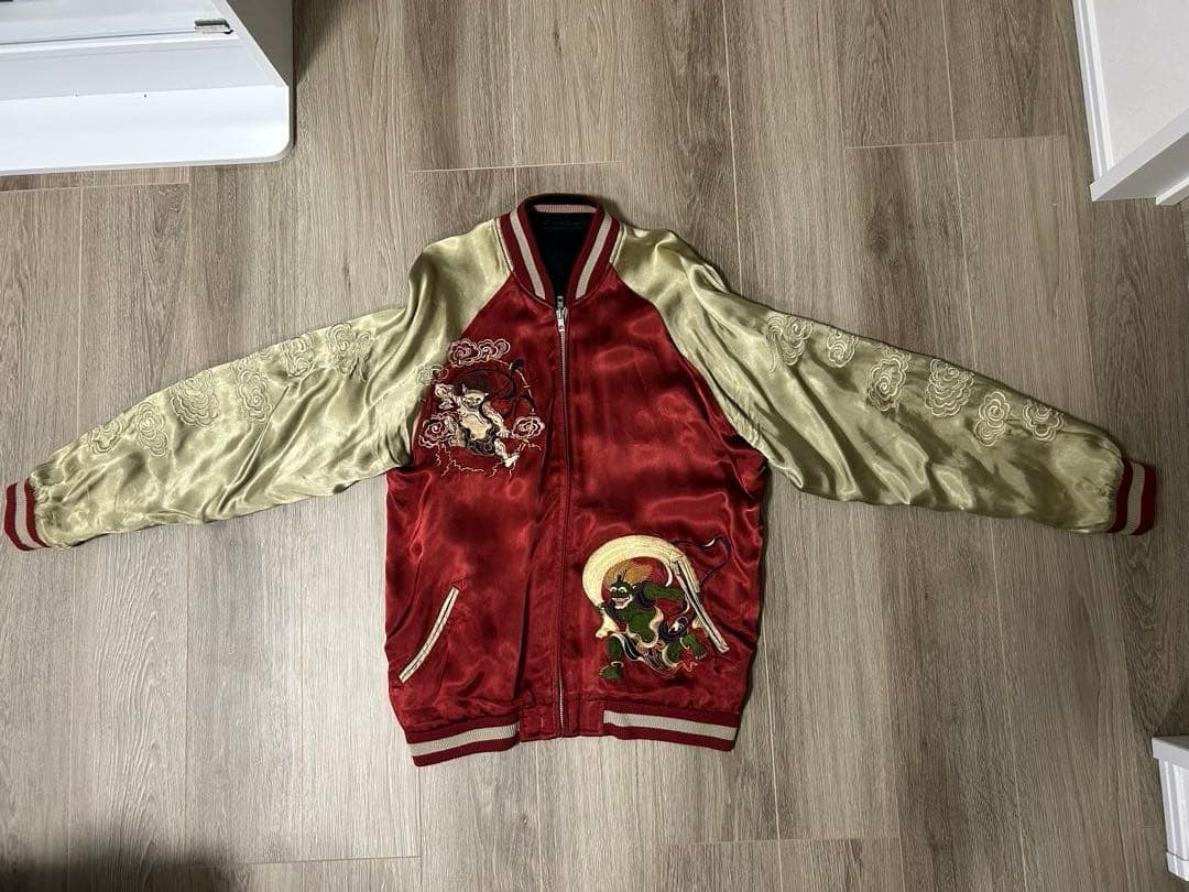 刺繍入り赤金スカジャン　百花繚乱　風神　雷神 スカジャン 風神雷神 日本製本格刺繍のスカジャン : takafuku1915