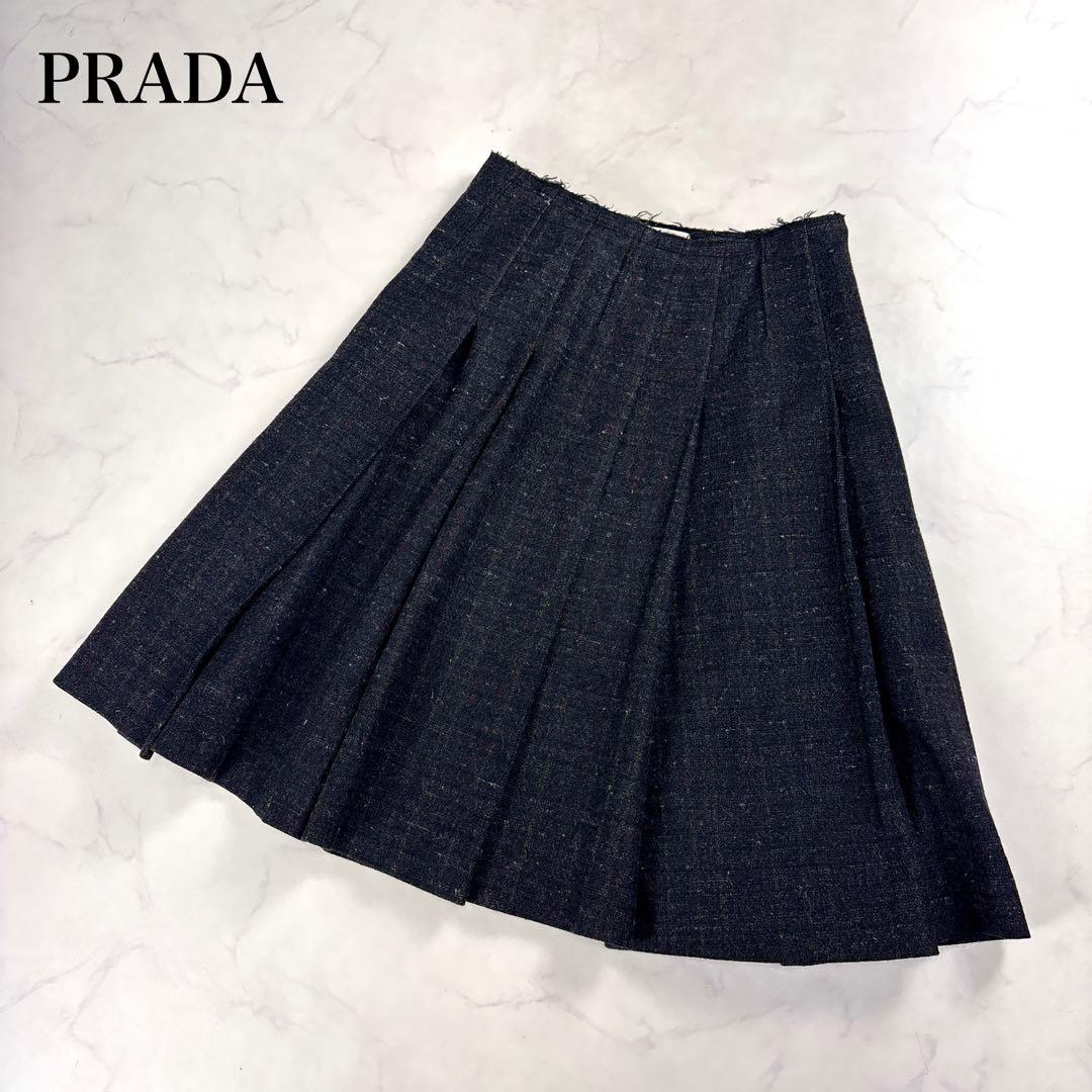 美品✨プラダ カシミヤ混 ツイードフレアプリーツスカート 厚手 ダークグレー L 高見えツイードチェックフレアースカート - ベルーナ【公式】
