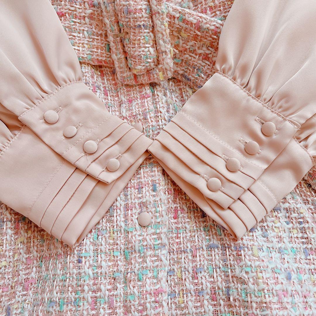 areeam ピンク系ミックスツイード長袖マキシワンピース 異素材 ベルト