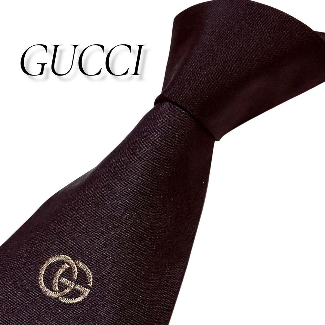 極美品】GUCCI グッチ ネクタイブラックGGロゴ刺繍 ソリッド シルバー