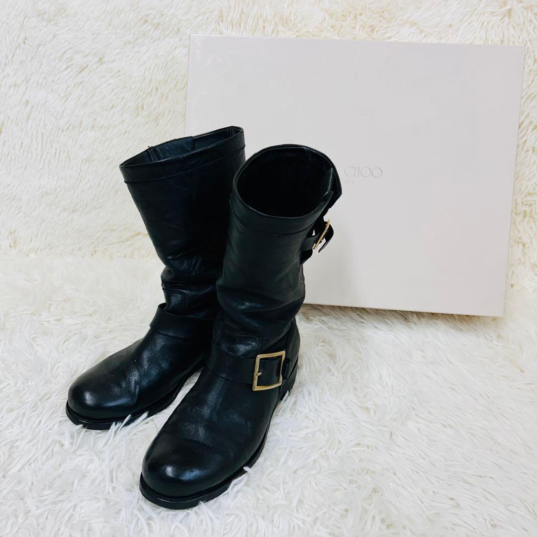 ジミーチュウ エンジニアブーツ 黒 レザー 箱袋付 JIMMY CHOO（ジミーチュウ） ショートブーツ スエード エンジニア