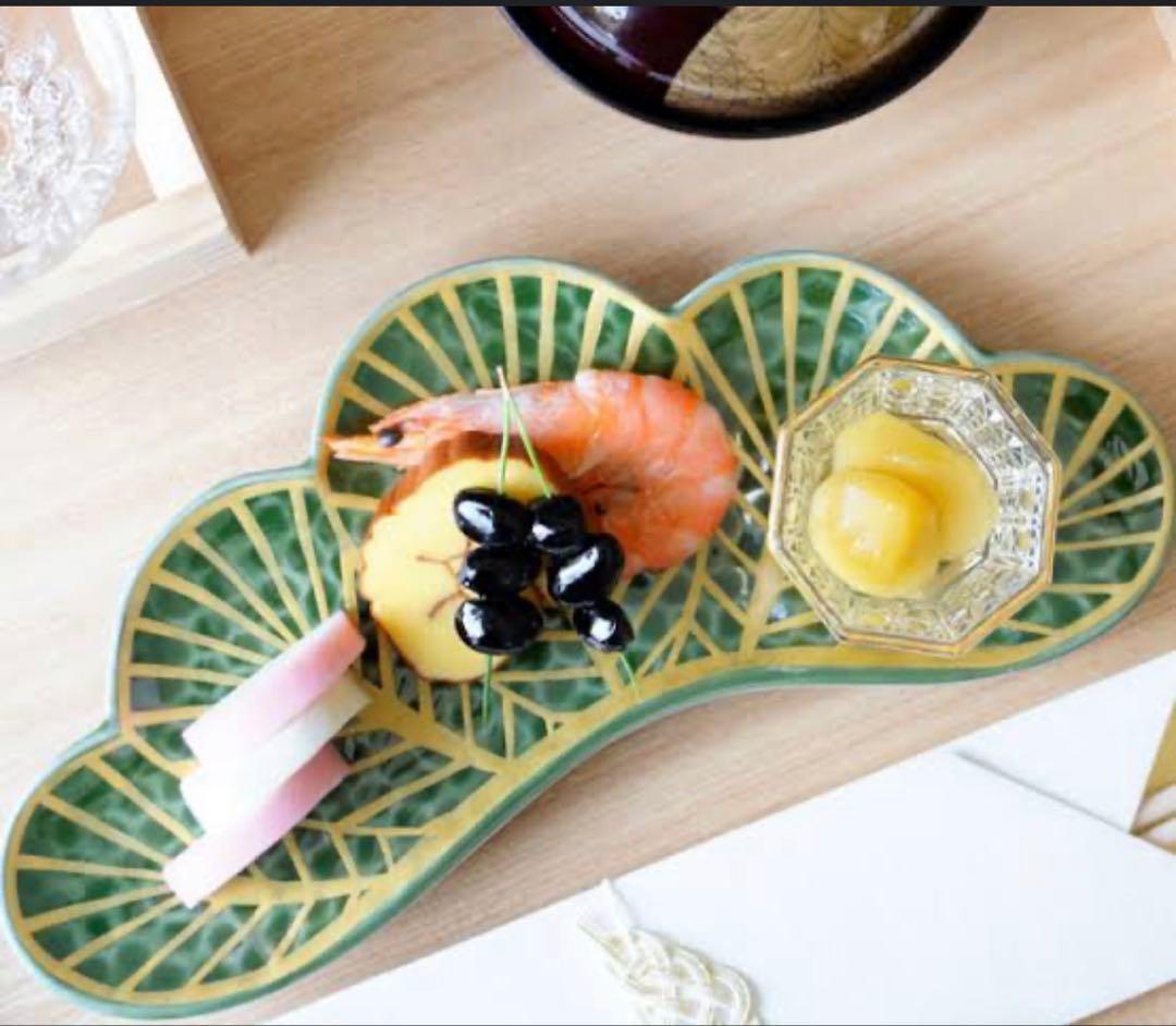 じょびん様ご依頼品　幸楽窯　錦金松葉形前菜皿　茶緑金　白金　赤金　3点セット