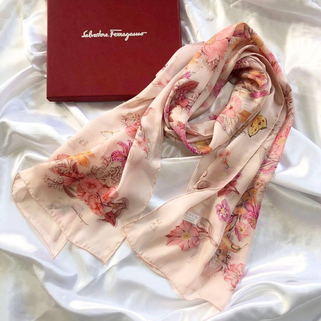 美品】Ferragamo フェラガモ 花柄シフォンスカーフ ストール シルク