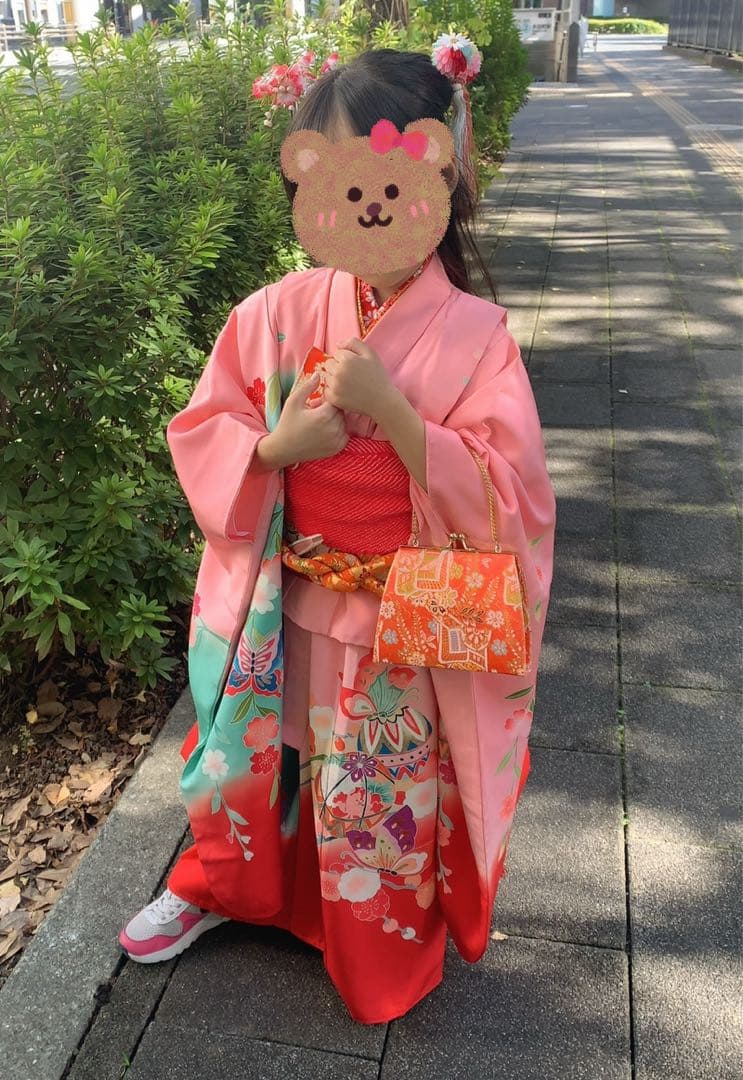 七五三　7歳　着物　フルセット　女の子　ピンク 七五三 7歳 四つ身着物フルセット「ピンク、絞り 束ね熨斗に手鞠