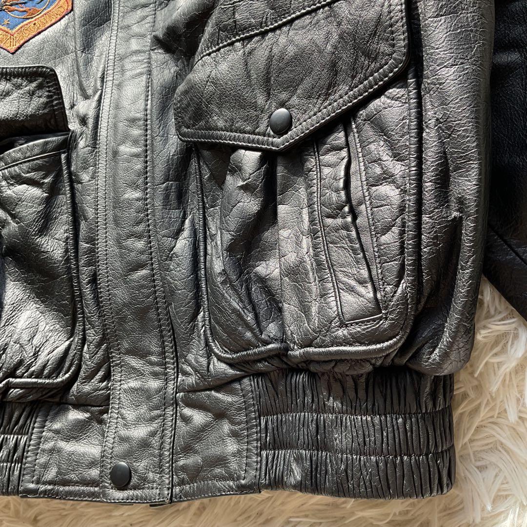 90's✨サントリー BOSS レザージャケット 牛革 ワッペン L ブラック