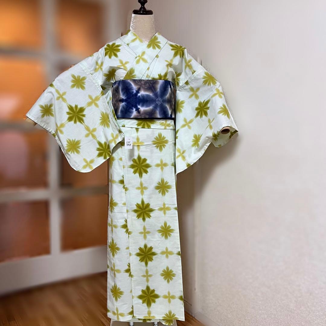 雪花絞り 板締め絞り 浴衣 綿100% 夏着物風としても・* 菜種油色