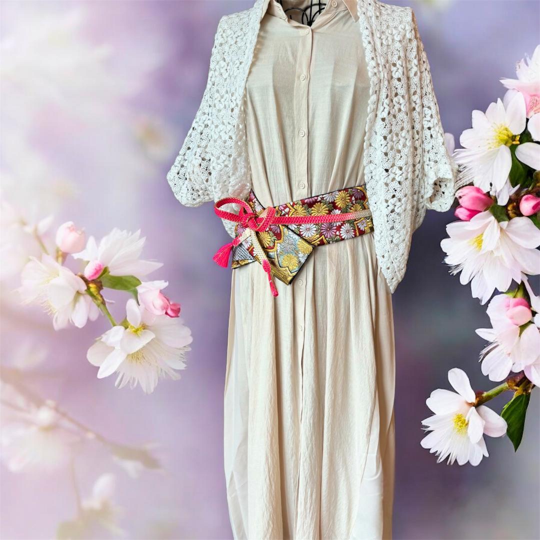 サッシュベルト 振袖帯 リメイク｜市松と桜☆ピンク帯締め 和洋折衷