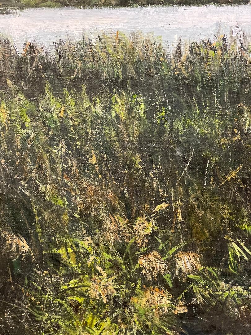 真作」真殿靖「水郷(安土八幡)」風景画 油彩画 額装 サイン有り P20号