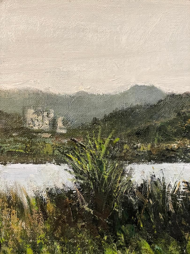 真作」真殿靖「水郷(安土八幡)」風景画 油彩画 額装 サイン有り P20号