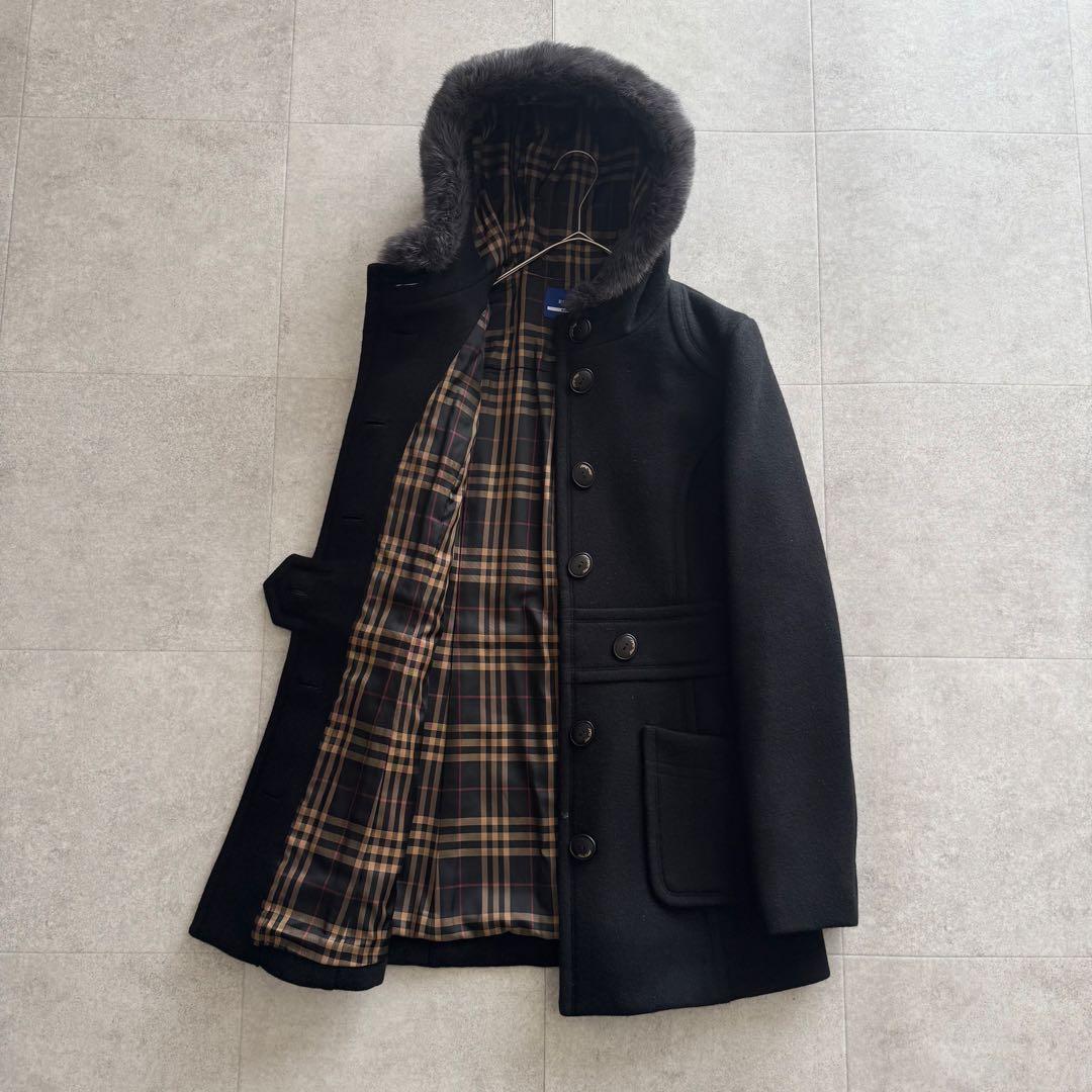 バーバリーブルーレーベル　コート　ノバチェック　2WAY　黒　40　カシミヤ混 バーバリーブルーレーベル コート ノバチェック 2WAY 黒 40 カシミヤ混