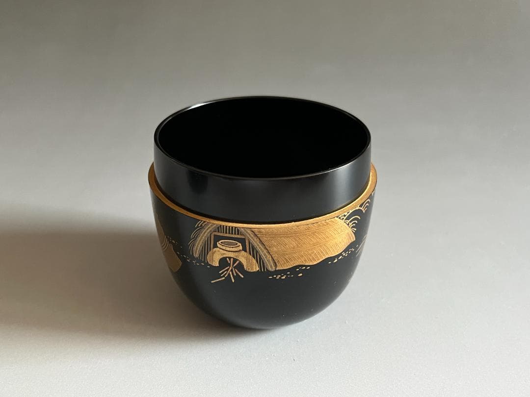 山崎博　迎舟造　汐汲蒔絵　大棗　黒塗　堀内宗完書付　茶道具　薄茶器　表千家