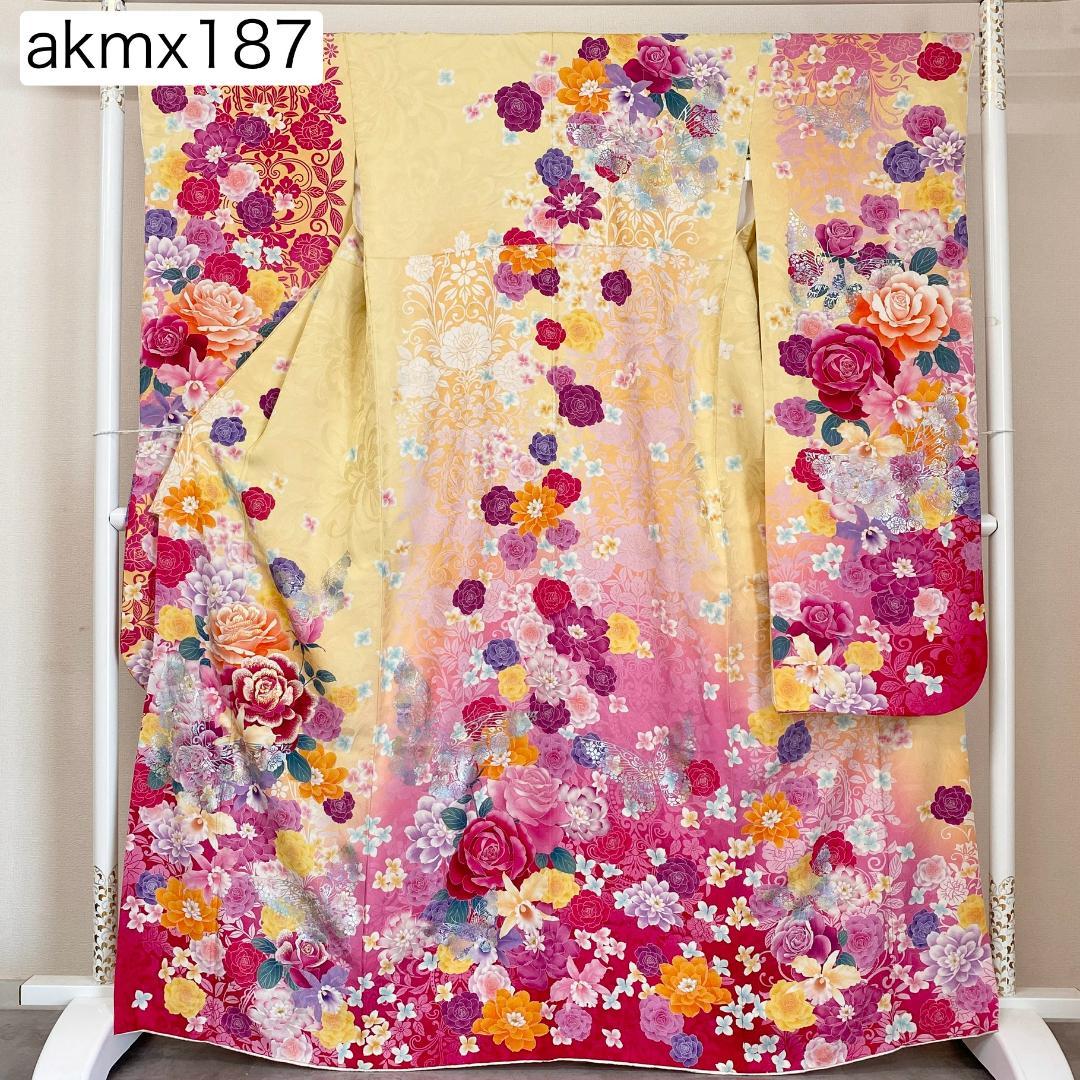 akmx187 正絹 振袖 銀通し イエロー パールトーン加工 ９号 花柄 akmx187 正絹 振袖 銀通し イエロー パールトーン加工 9号 花柄