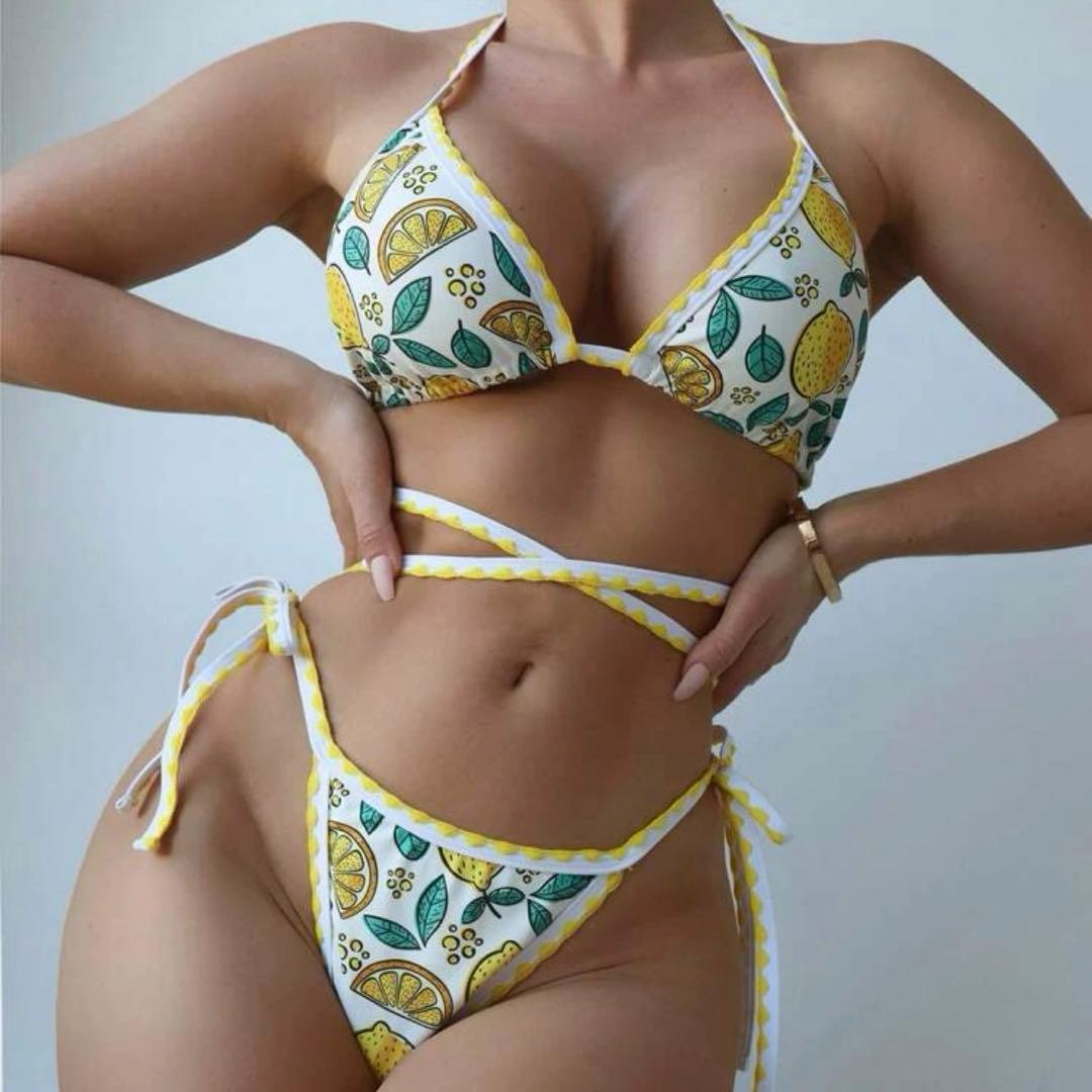 19)レモン柄 フルーツ柄 イエロー×ホワイト クロス 三角ビキニ 紐パン
