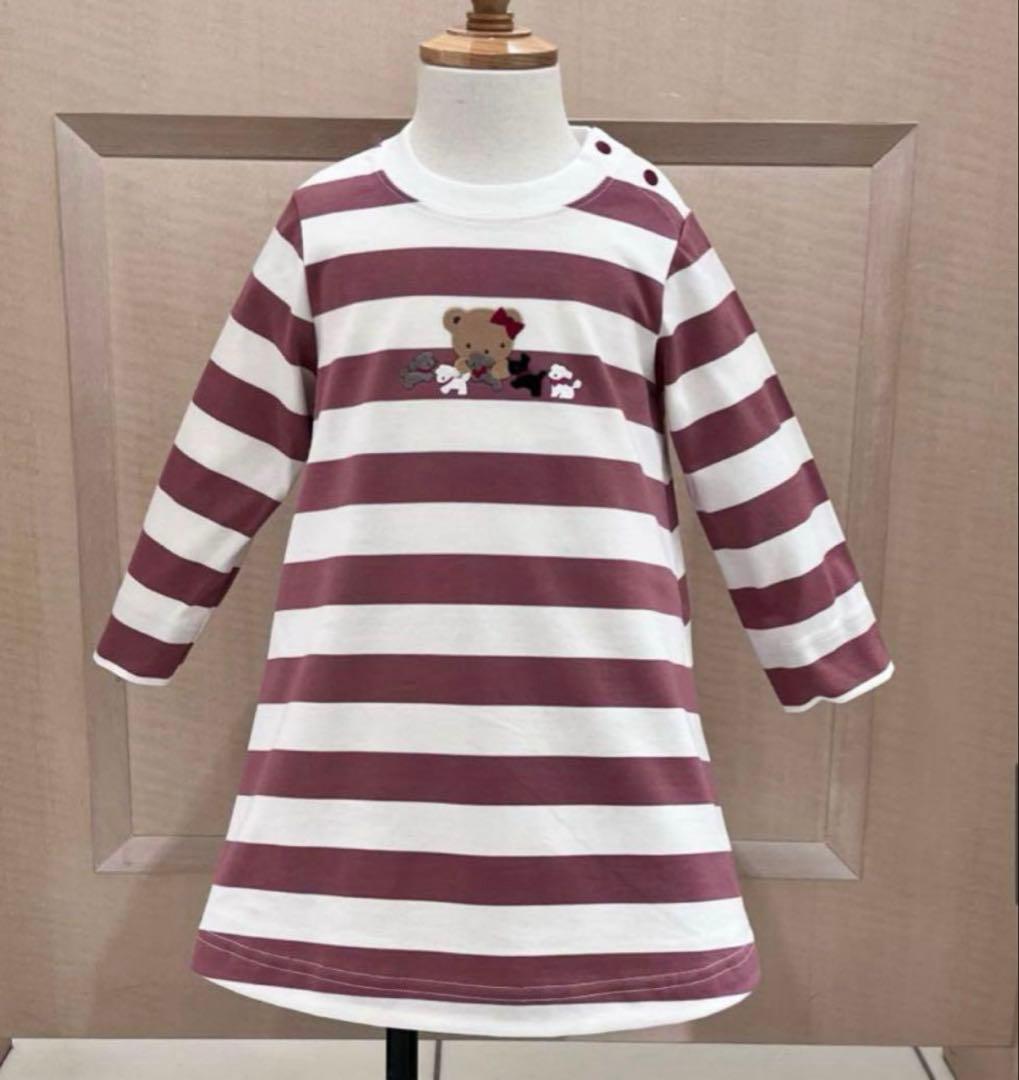 【新品未使用タグ付き】ファミリア ボーダー ピンク ワンピース 90cm ファミリア ベビーピンクストライプ柄の半袖ワンピース 110 / ブランド