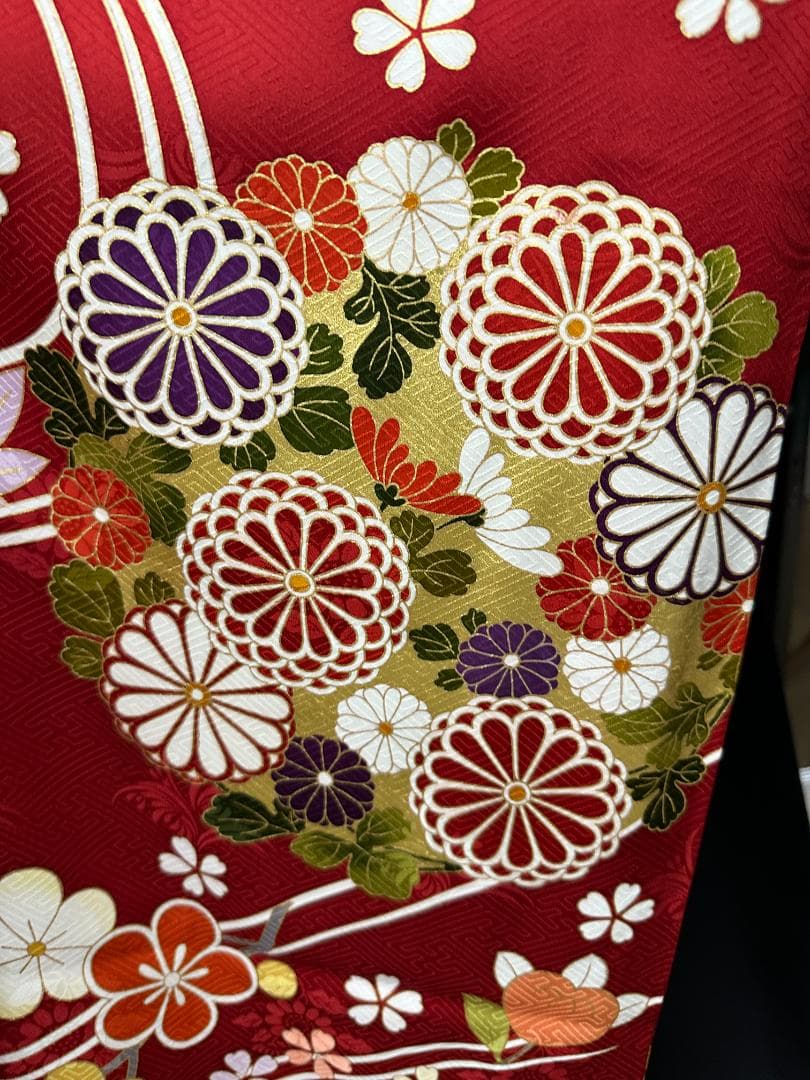 久保耕 京友禅 赤系 花丸文流水 振り口付き振袖 袋帯 フルセット