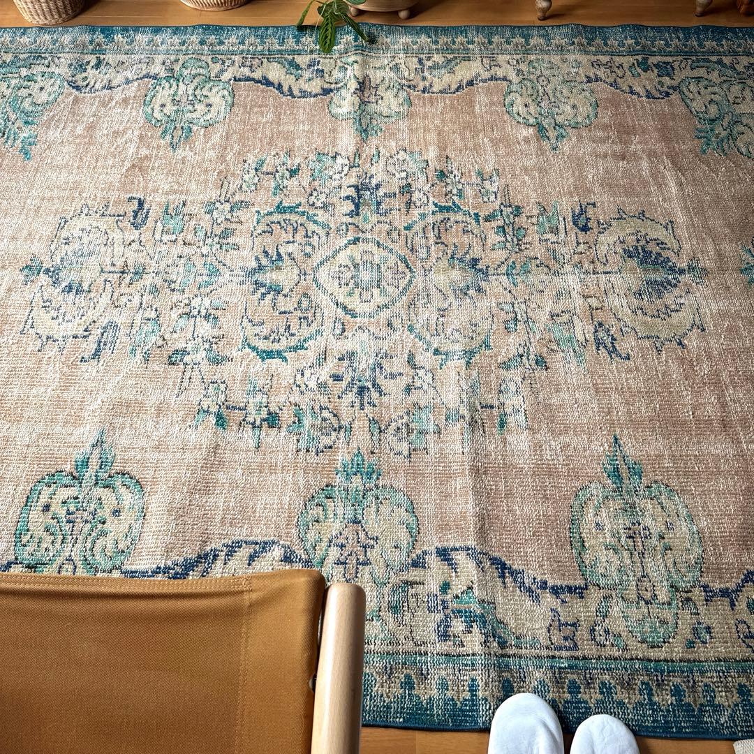 大判172×235淡いブラウンベージュ×ブルー　擦れトルコヴィンテージラグ 超大判 160.5×271 レア ブラウンオーバーダイ トルコヴィンテージラグ