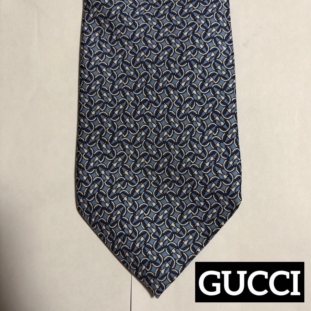 GUCCI グッチ ネクタイ シルク インターロッキング 総柄 ブルー系