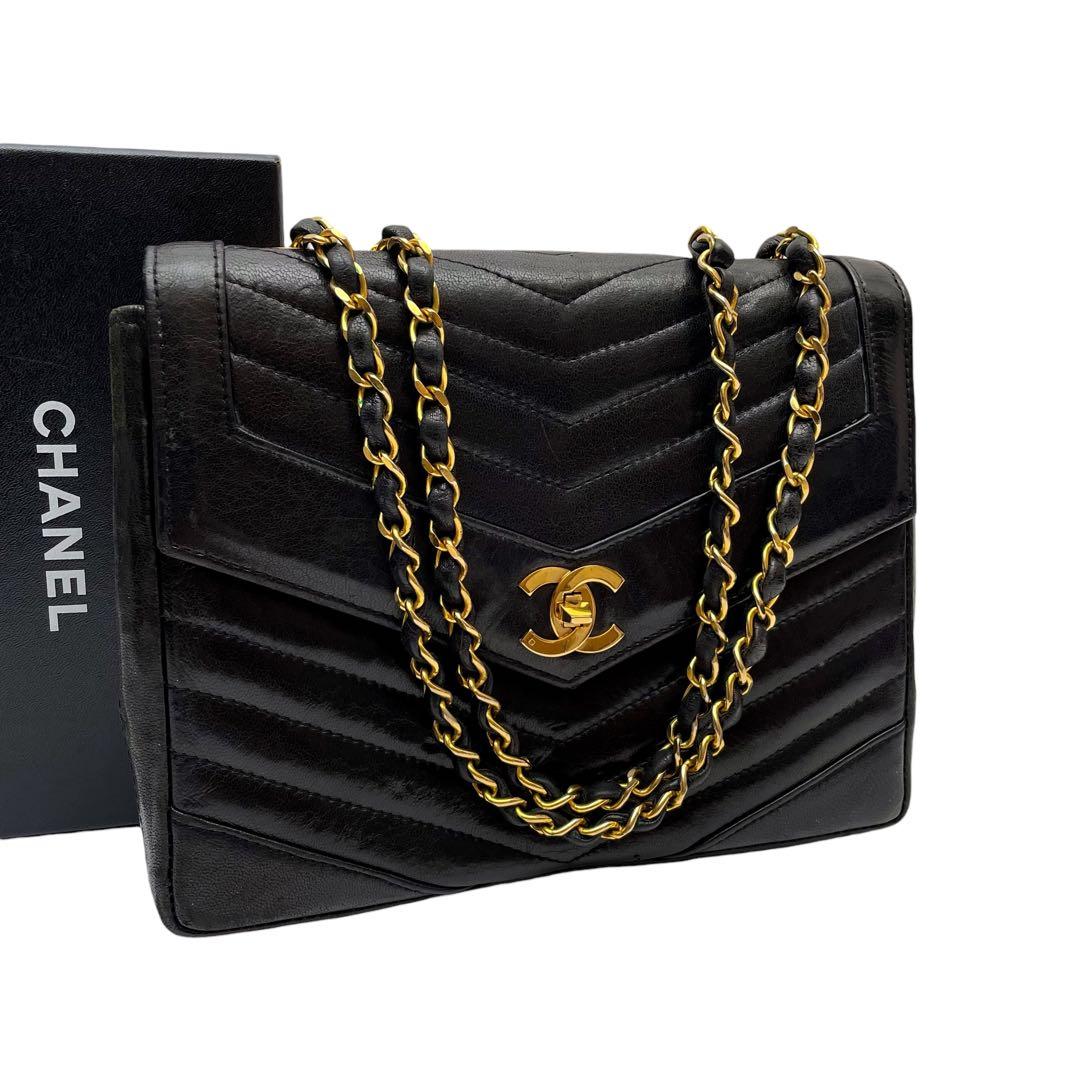 シャネル vステッチ ラムスキン ダブル チェーン ショルダー バッグ 黒