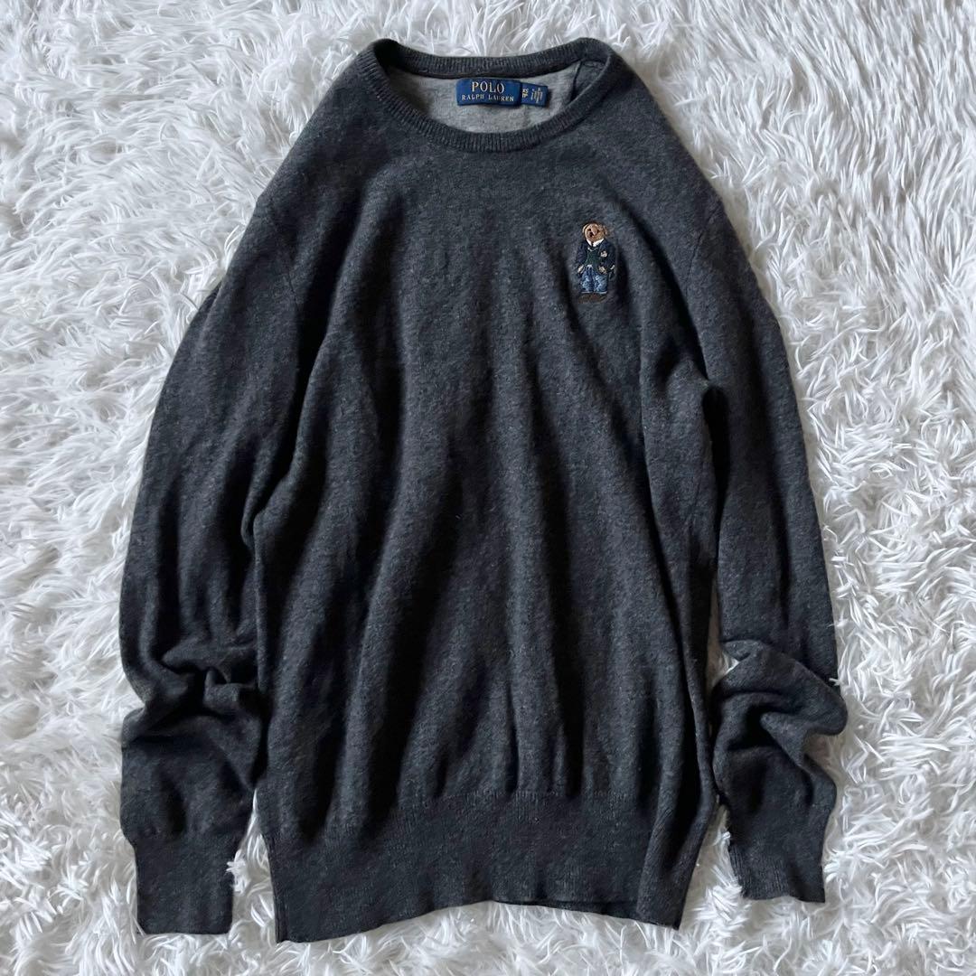 美品✨ ポロラルフローレン 長袖ニット ポロベア 刺繍 グレー クルーネック ラルフ ローレン（RALPH LAUREN）（メンズ）ゴルフウェア Polo ベア