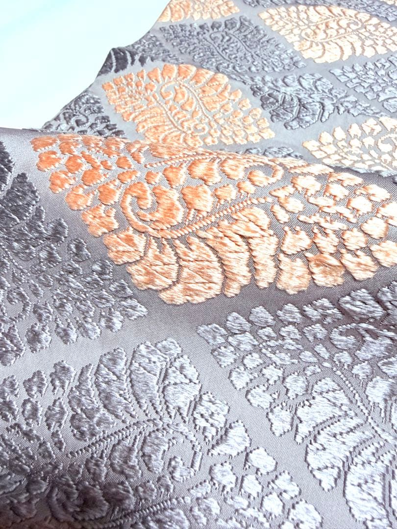 高級 袋帯 正絹 六通柄 総唐織 薄紫色 オレンジ 菱形 フォーマル 約60