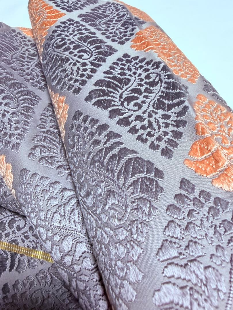 高級 袋帯 正絹 六通柄 総唐織 薄紫色 オレンジ 菱形 フォーマル 約60