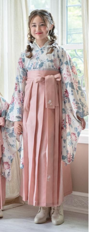 CC送料込み 袴セットダリアベージュ着物×桃袴[B1]130㎝【M3921