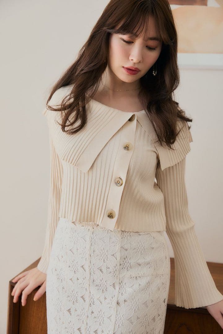 Herlipto big collar ribbed knit top ecru - メルカリ