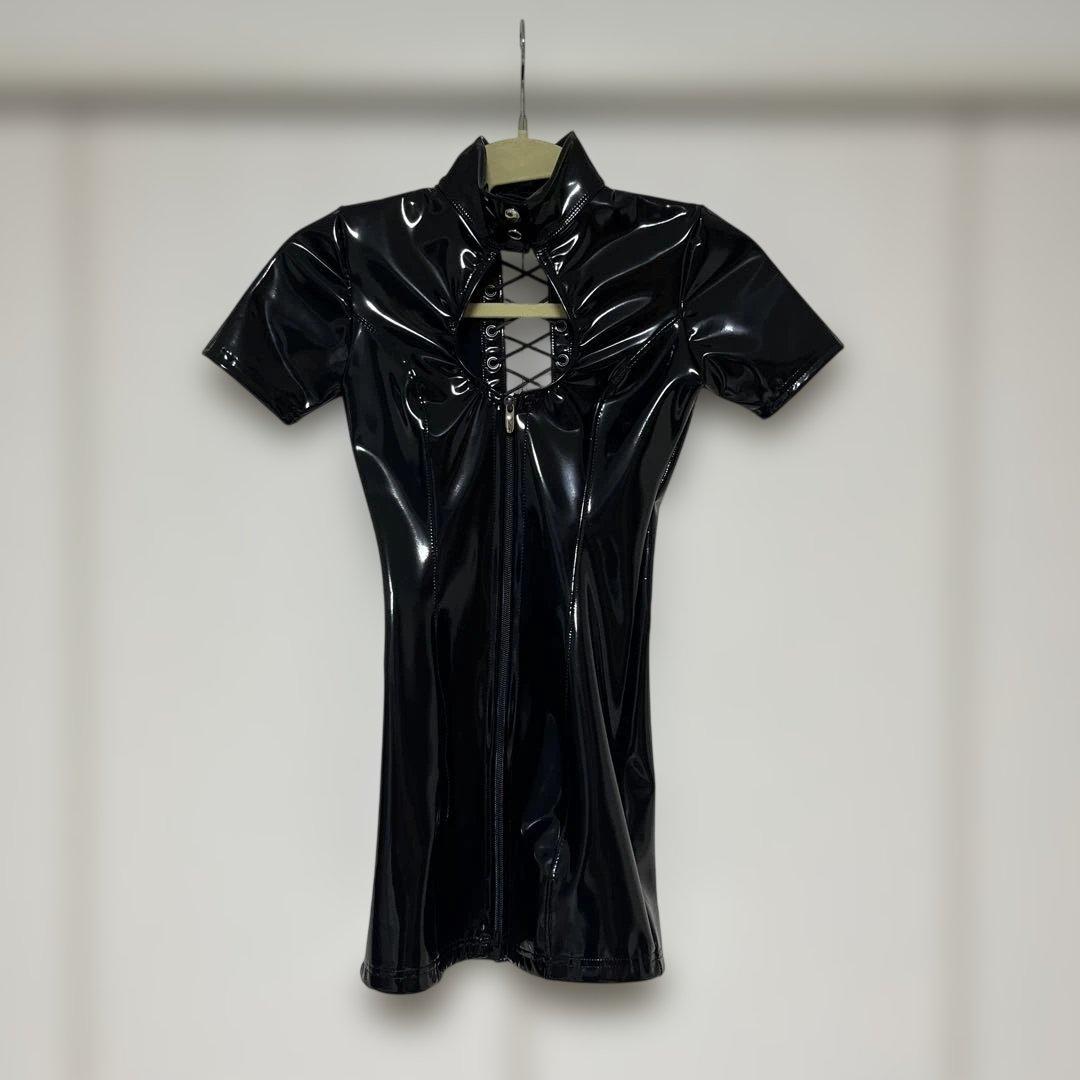 エナメル タイトミニ ワンピース アフィックスパラパラ ブラック