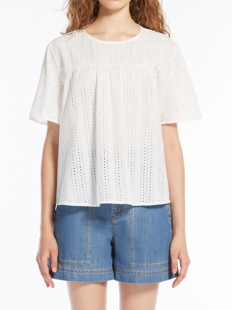 マックスマーラ コンビ素材 カットワーク刺繍ブラウス ホワイト