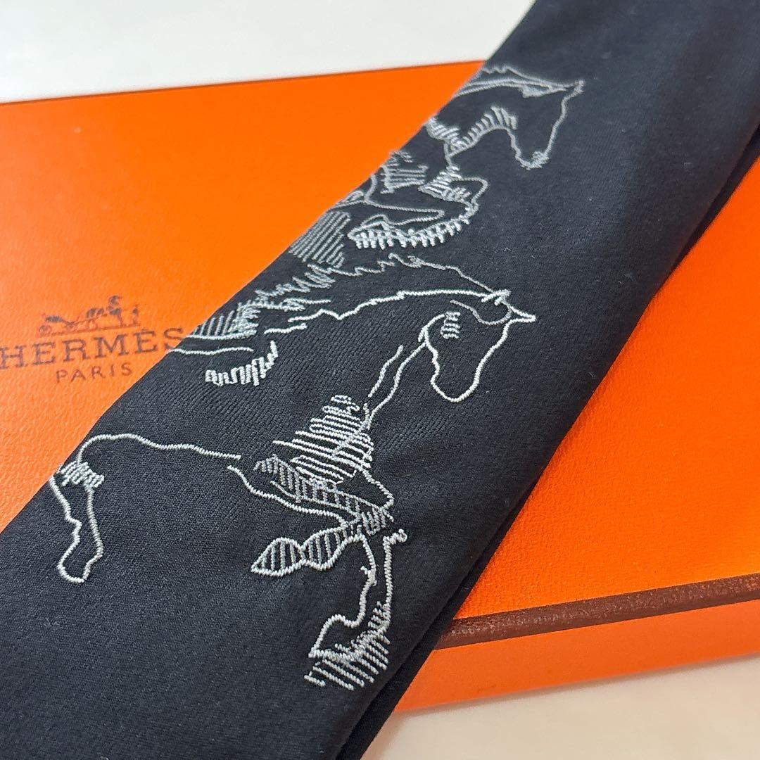 超希少 タグ付き 未使用 エルメス 馬の刺繍 ネクタイ ソリッド 黒 箱