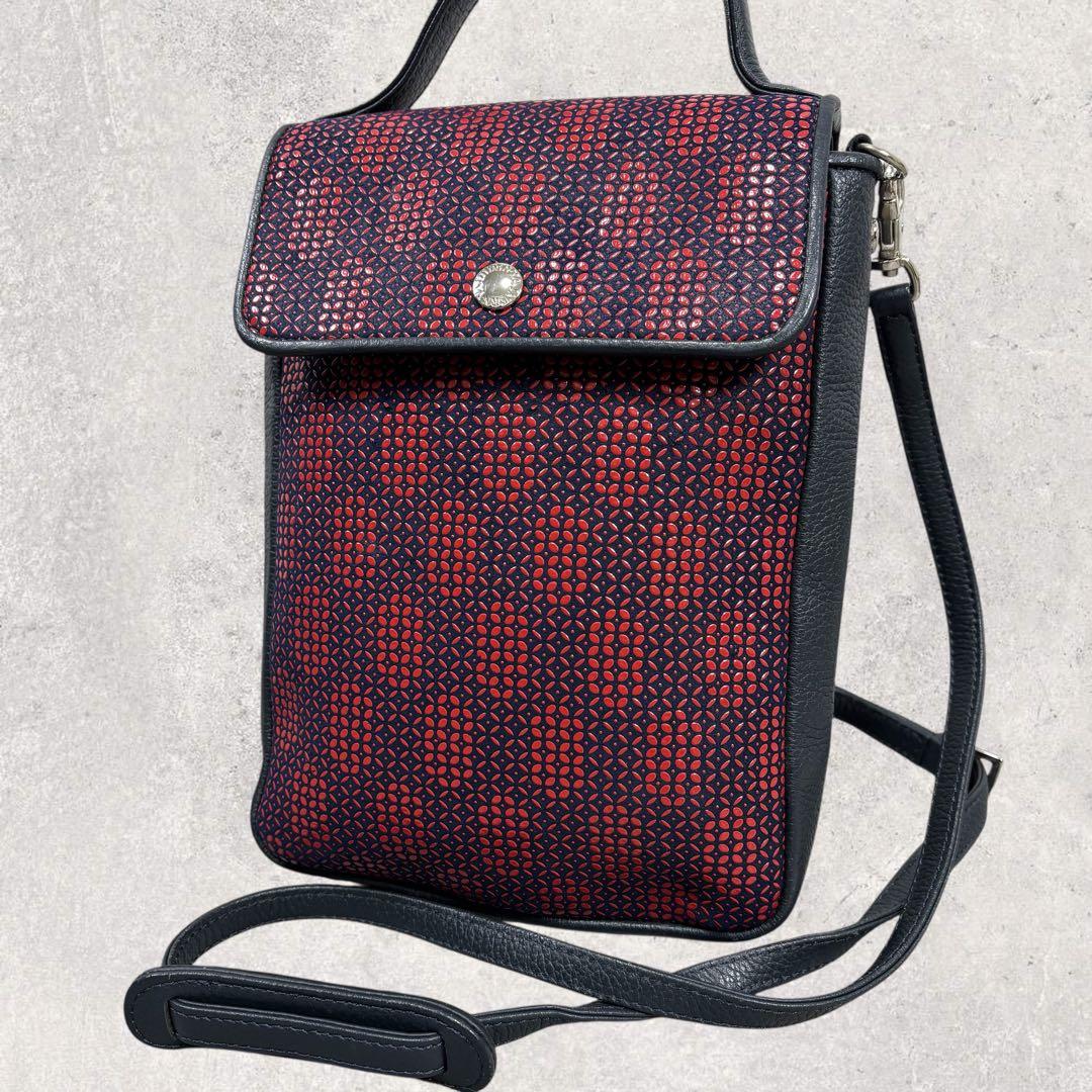 印傳屋 ショルダーバッグ 2way 印伝 鹿革 漆 伝統工芸 ネイビー×レッド