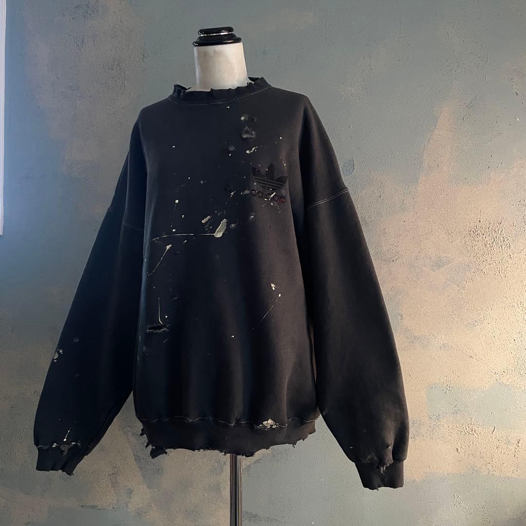 80s 万国旗“adidas”墨黒“XL“USA製“ペンキ”boro sweat