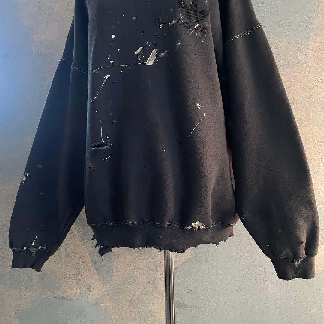 80s 万国旗“adidas”墨黒“XL“USA製“ペンキ”boro sweat