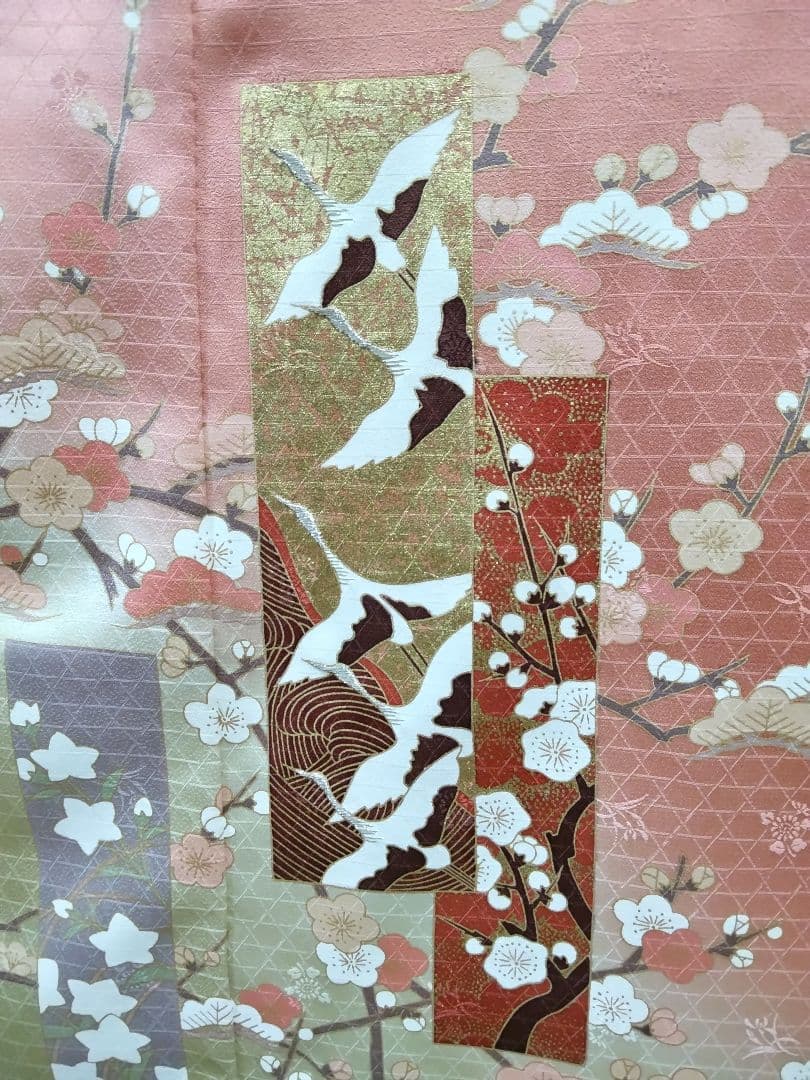 F-274 訪問着 金彩 染め分け 暈し 袷 鶴 松 梅 流水 緞子地 美品