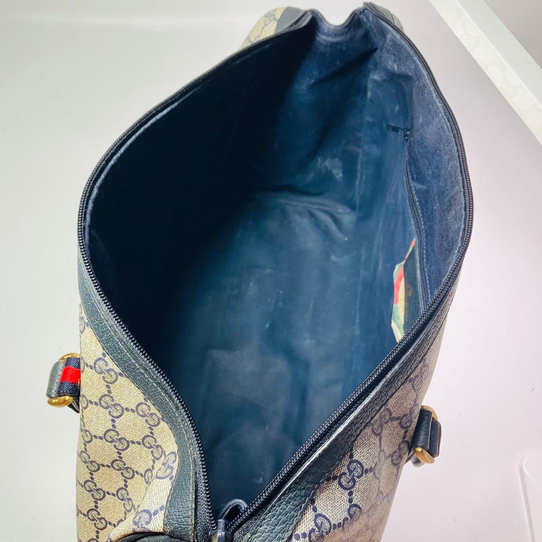 美品　オールドグッチ シェリーライン ボストンバッグ ネイビー レザー A4