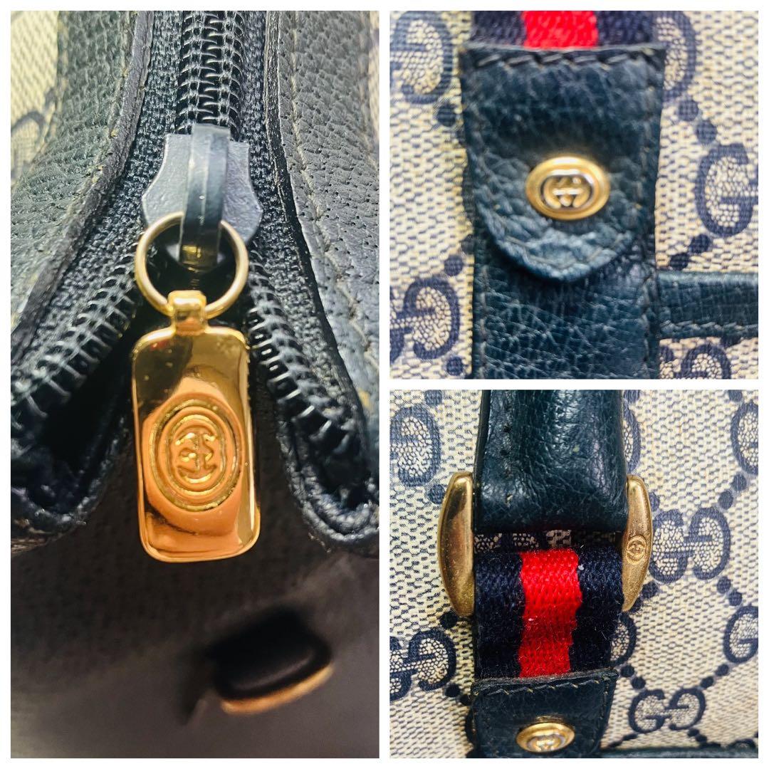 美品　オールドグッチ シェリーライン ボストンバッグ ネイビー レザー A4