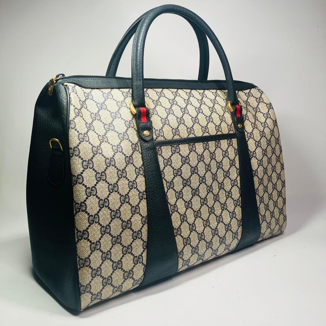 美品　オールドグッチ シェリーライン ボストンバッグ ネイビー レザー A4