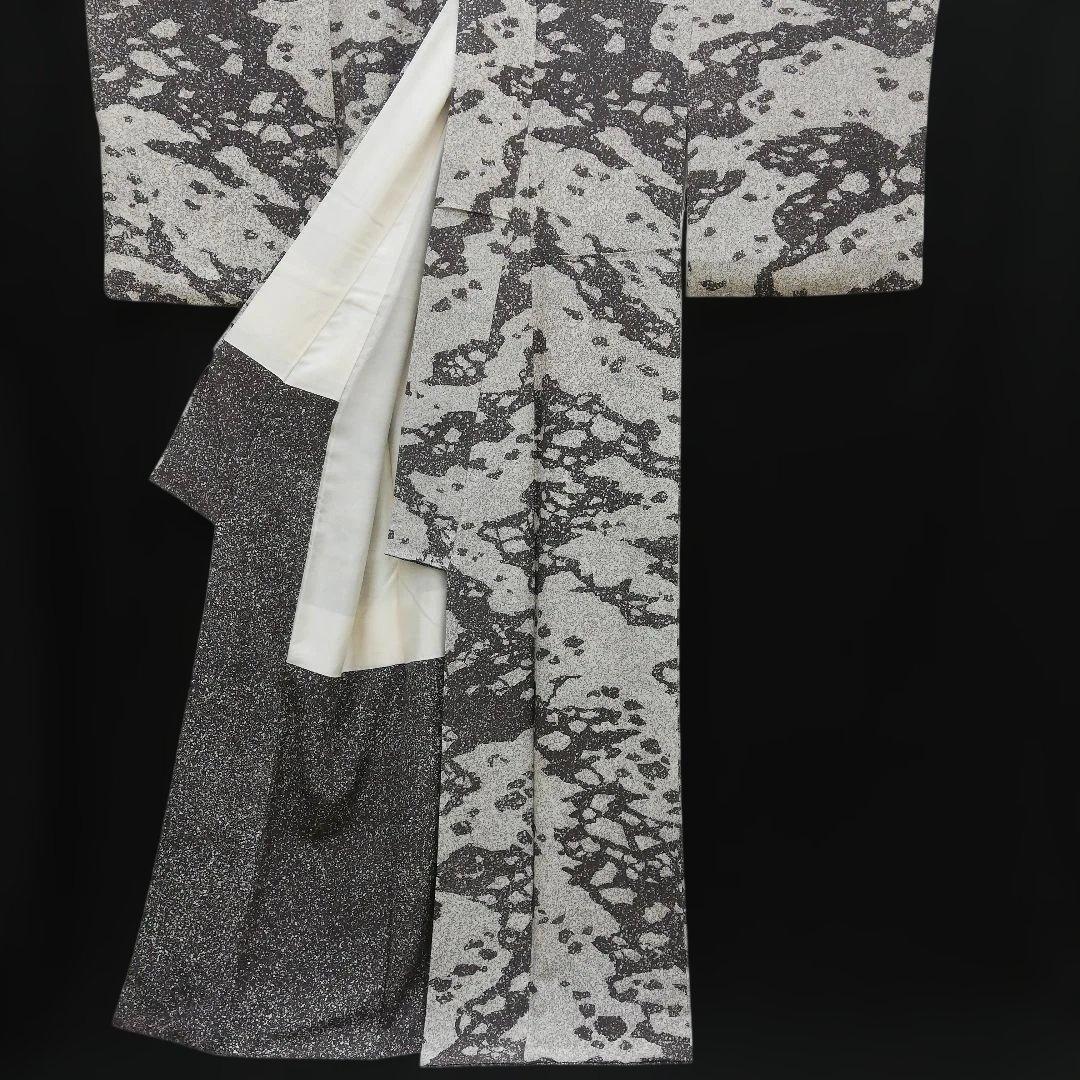 小紋(袷) (たたき染め 流氷紋様 個性的 モノトーン 作家 上質ちりめん)