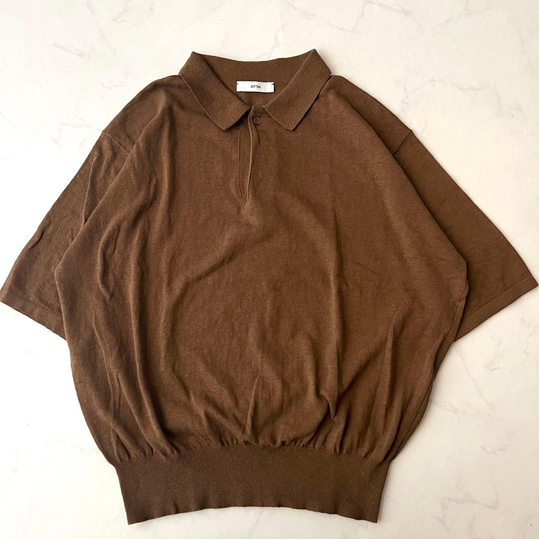ATON RECYCLED FRESCA ポロ ニット ブラウン 半袖 24年製 COTTON WASHI BOUCLE HALF SLEEVE POLO SWEATER | ATON(エイトン