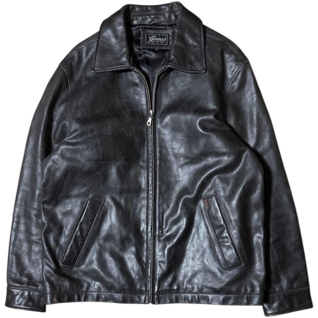 雰囲気抜群 GUESS 本革 襟付き レザージャケット ブラック Mサイズ GUESS - 希少 GUESS ゲス 90s 本革 ダブルライダース レザージャケット