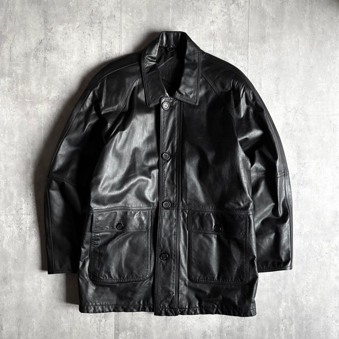 90s vintage】レザーカーコート 本革 羊革 ブラック 光沢 古着 - メルカリ