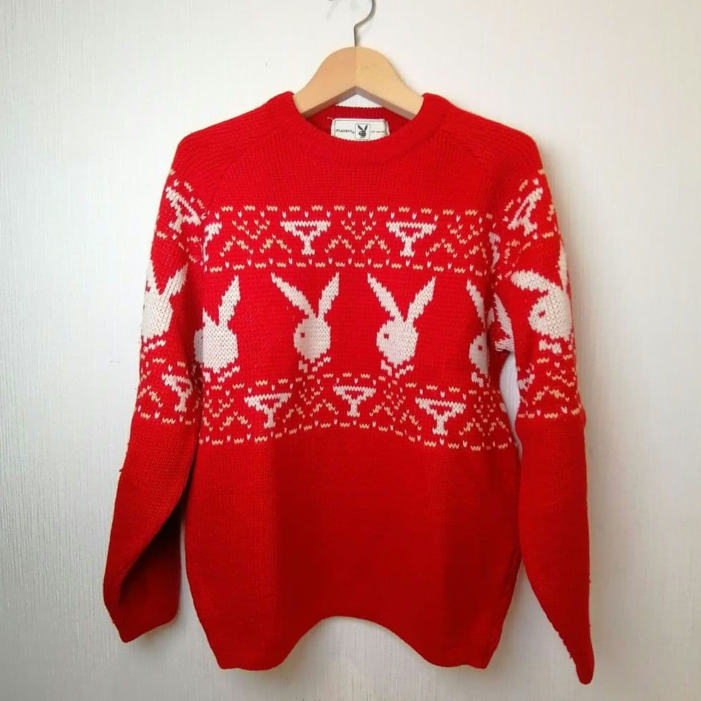 i△【希少】プレイボーイ 長袖 ニット セーター 80年代 赤 白 レトロ