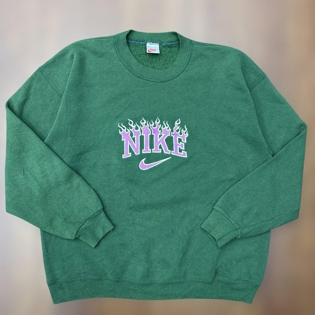 NIKE 90s スウェット ファイヤー 刺繍ロゴ 古着 緑 XLサイズ - メルカリ