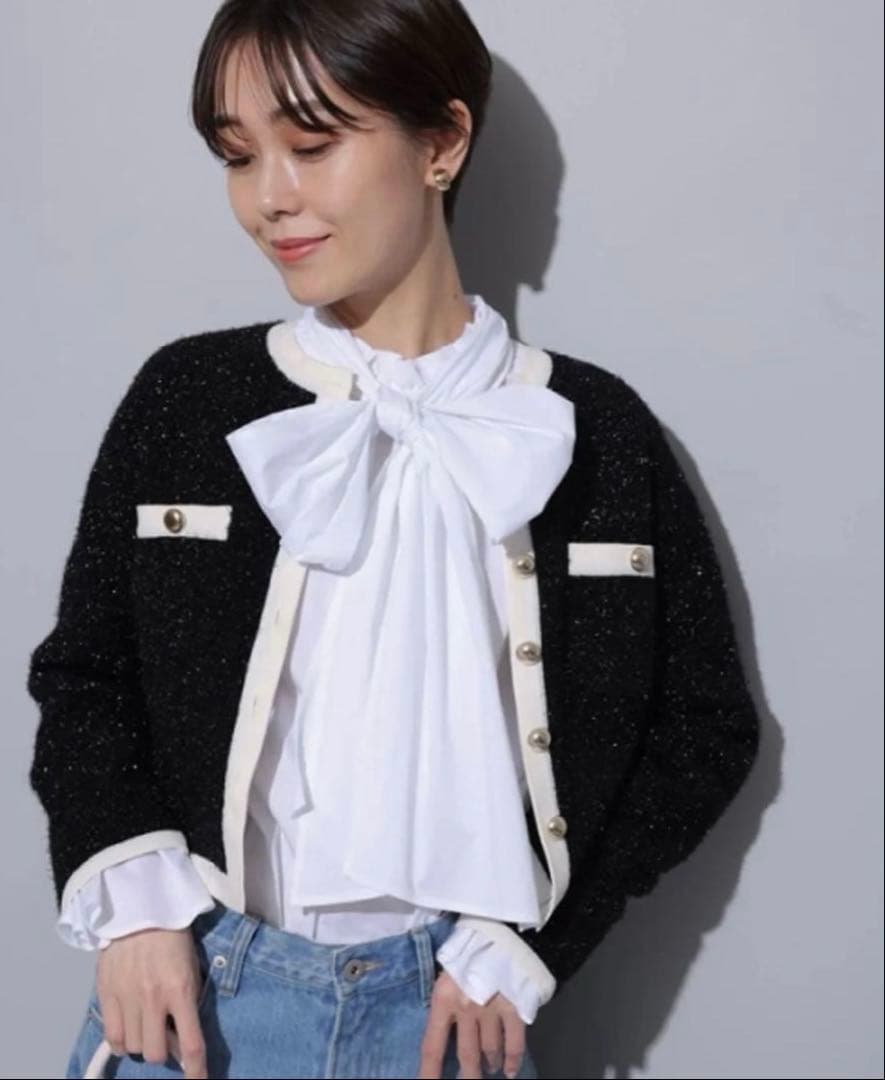 新品未使用　Arpege story 配色ラメニットジャケット 新品】2024 Arpege story アルページュストーリー 配色ラメニット