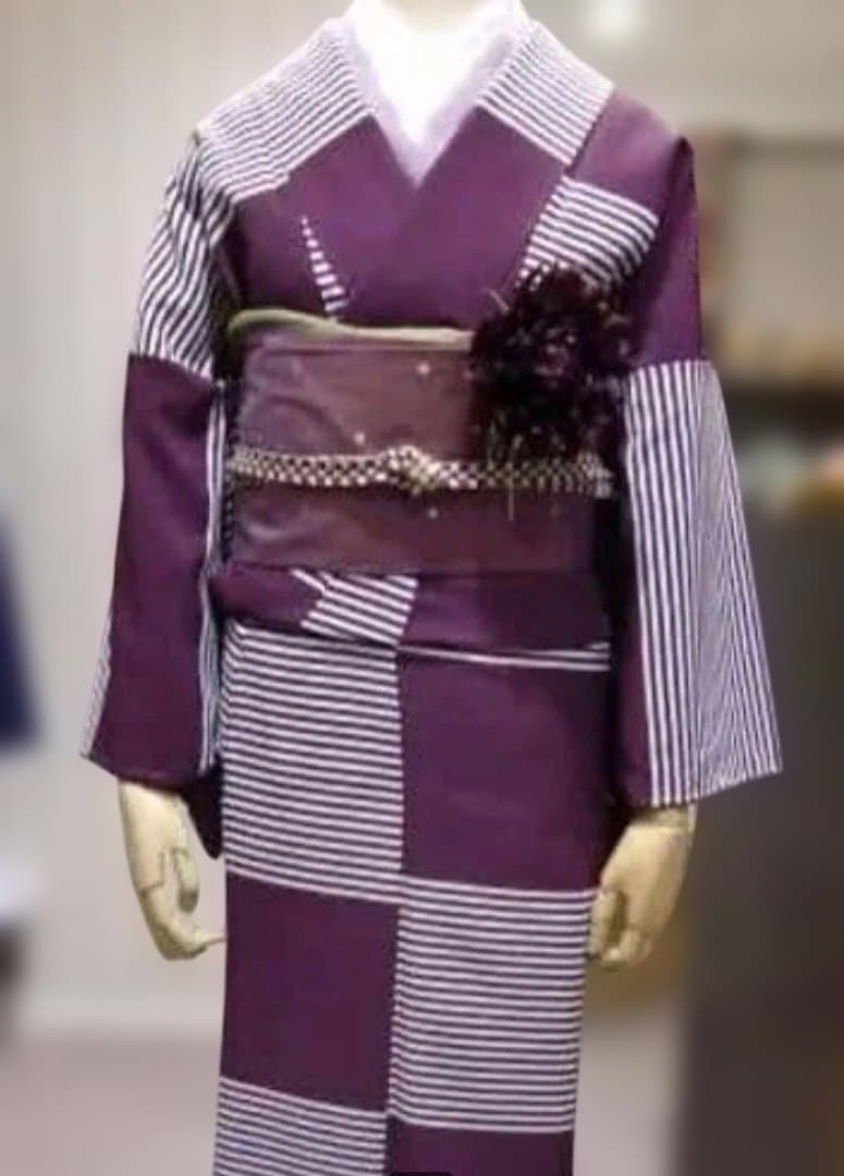 豆千代モダン 紫 ストライプ 小紋 着物 - メルカリ